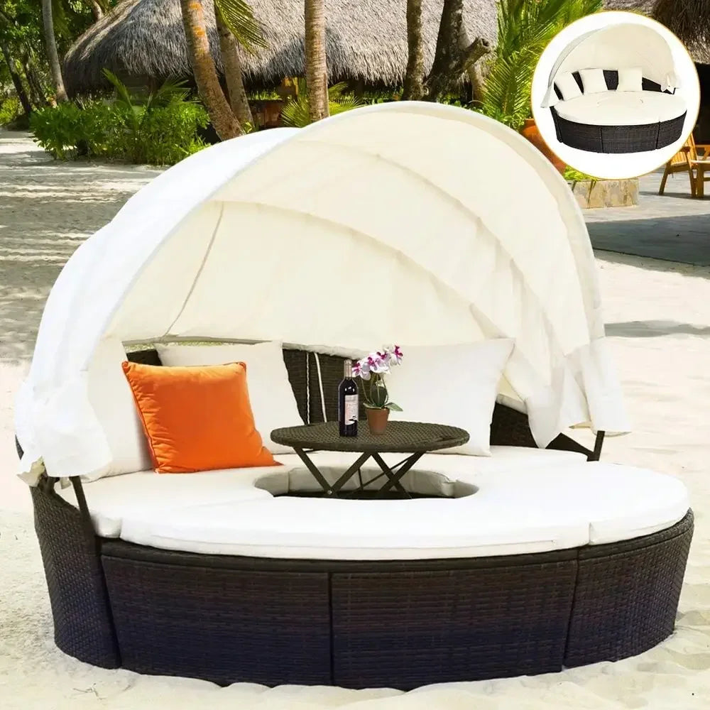 Patio Round Daybed with Retractable , Outdoor Wicker Rattan urniture Sets, Sectional Soa Set w/Height Adjustable Coee Table, Rat
