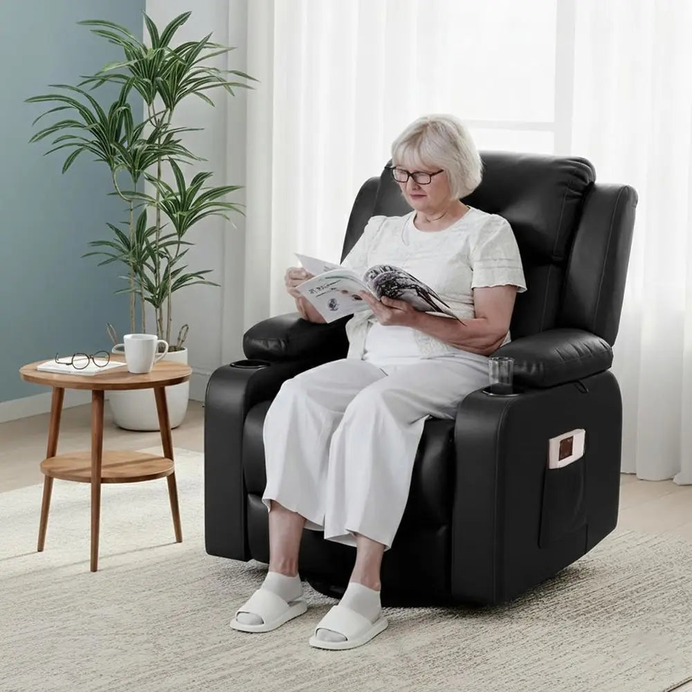 XL31 Power Lit Recliner Chair or Elderly, Electric Lit Chair with Massage & Heat, PU Leather Reclining Soa w/Cup Holders, Side k