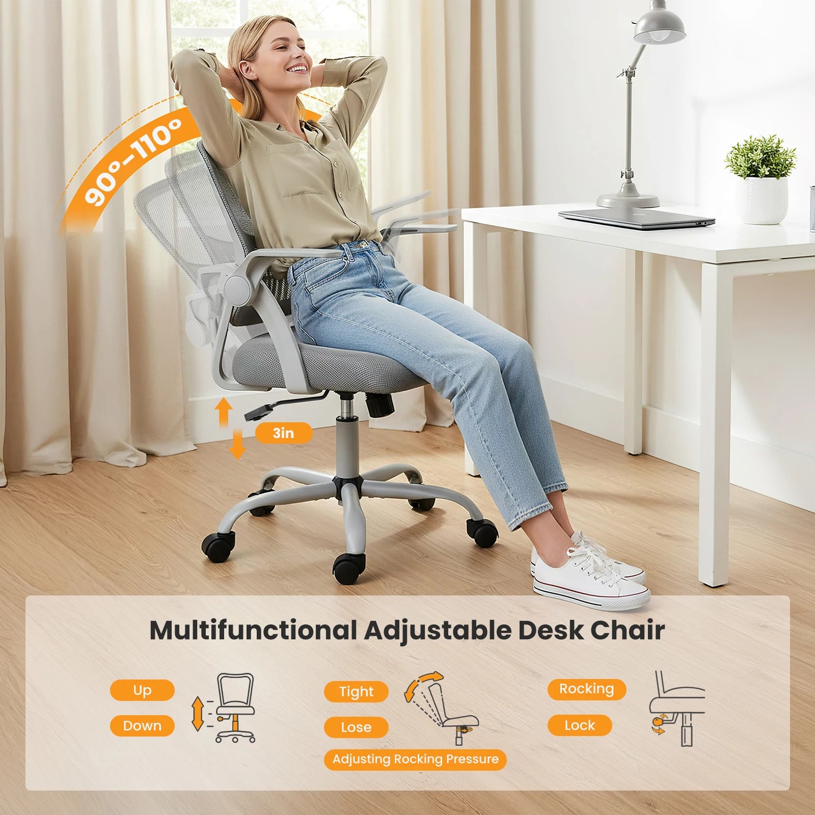 MCQ Ergonomic Mid Back Flip-up Armrest Office Desk Chair with Lumbar Support Height Adjustable 360° Swivel Computer Gaming Chair