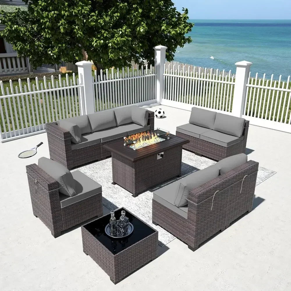 10 Pieces Outdoor Patio urniture Set,Outdoor Sectional urniture with 43" 55000 Gas Propane ire Pit Table,All Weather PE Rattan W