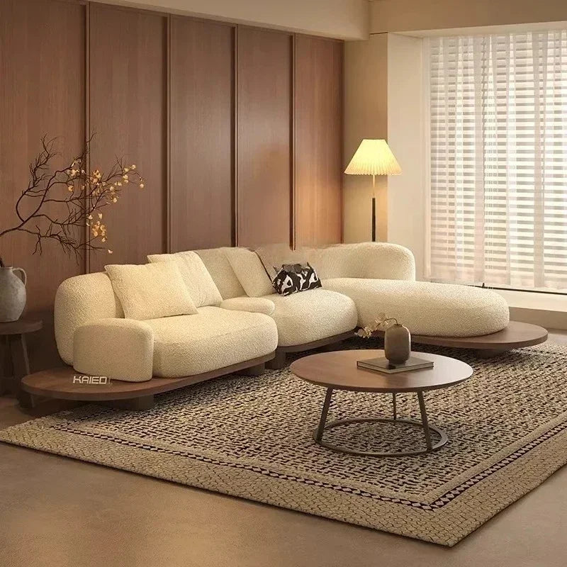 Nordic cream style solid wood high-end artistic sense small apartment living room sofa walnut color lamb wool sofa