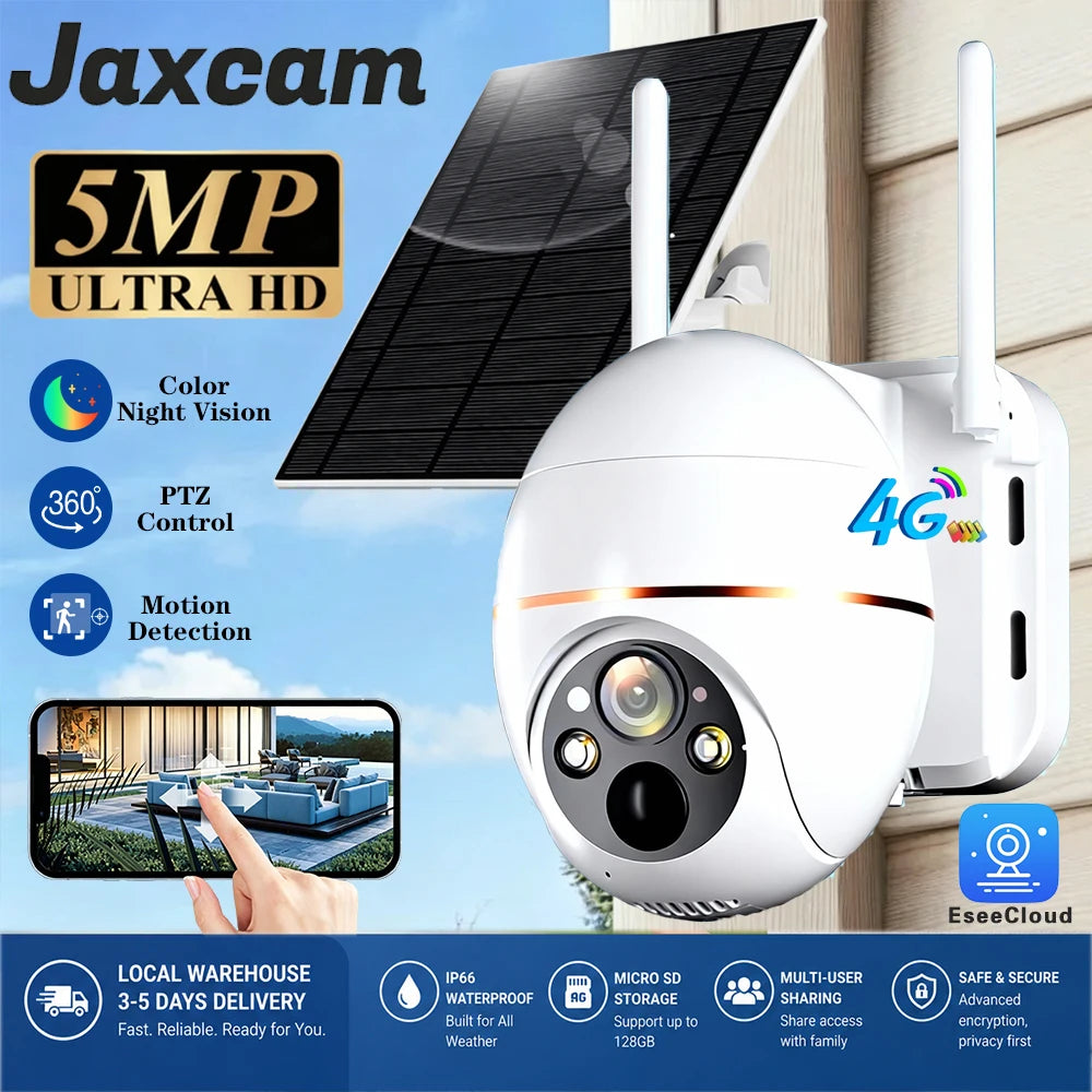 EseeCloud 5MP 4G PTZ Solar Battery Camera With Solar Panels Color Night Vision IR Motion Detection Outdoor Waterproof IP Cam