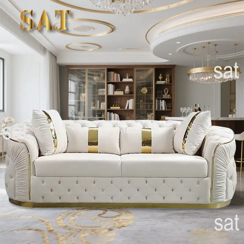#Factory Outlet European Luxury Rose Gold Leg White Sectional Sofa Genuine Leather Modern Modular Button Tufted LivingRoom Couch