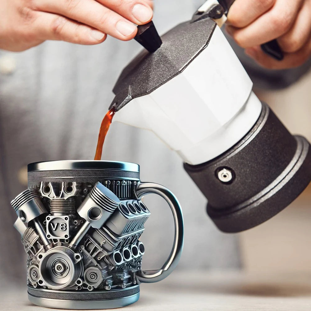 3D Engines Stainless Steel Cup Handmade V6 V8 Engines Coffee Cup For Car Enthusiasts 400ML Capacity Tea Mug For Home Or Office ﻿