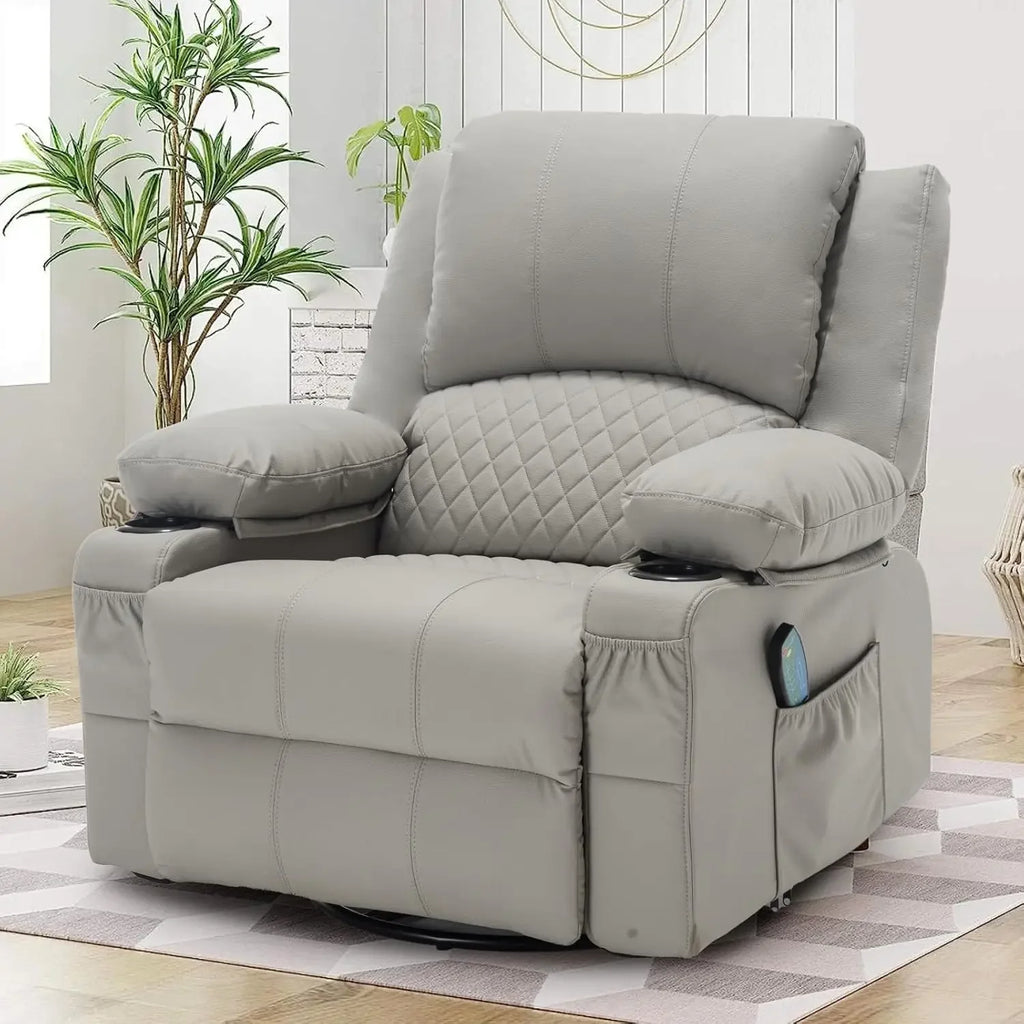 Faux Leather Recliner Chair with Heat and Massage Cup Holder, Overstuffed Swivel Rocker Recliner Chair Rocking Glider Chair, Lig