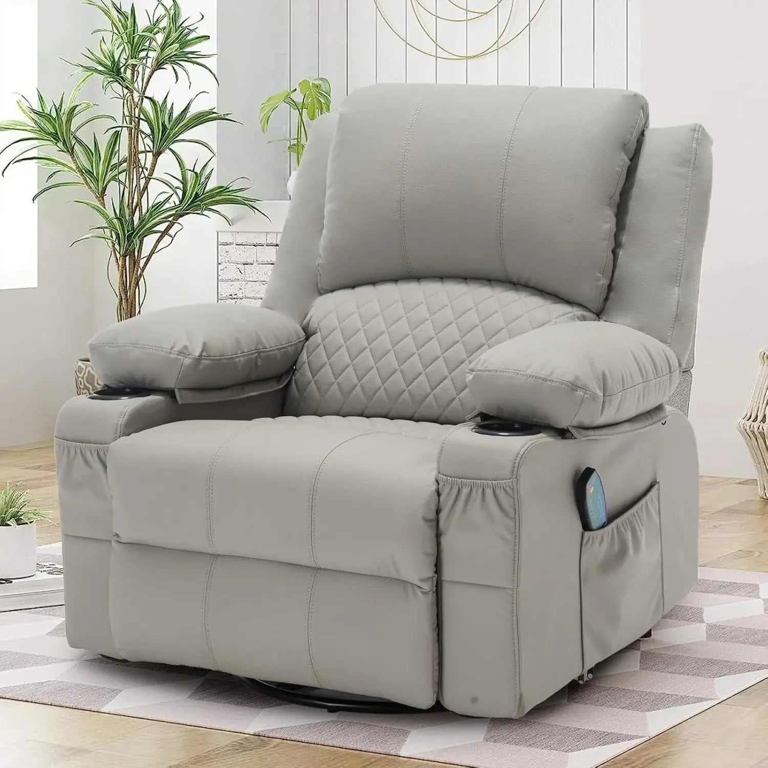 Faux Leather Recliner Chair with Heat and Massage Cup Holder, Overstuffed Swivel Rocker Recliner Chair Rocking Glider Chair, Lig