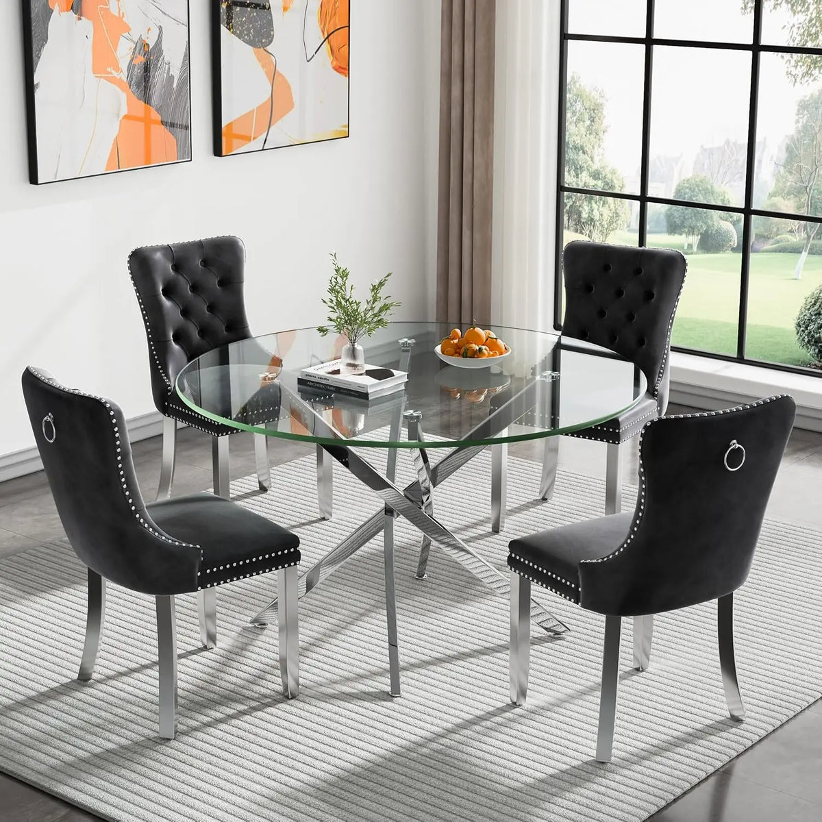 5-Piece Round Glass Dining Table Set for 4, 47.2" Circle Table with 4 Tufted Chairs for Kitchen Home Office, Customized