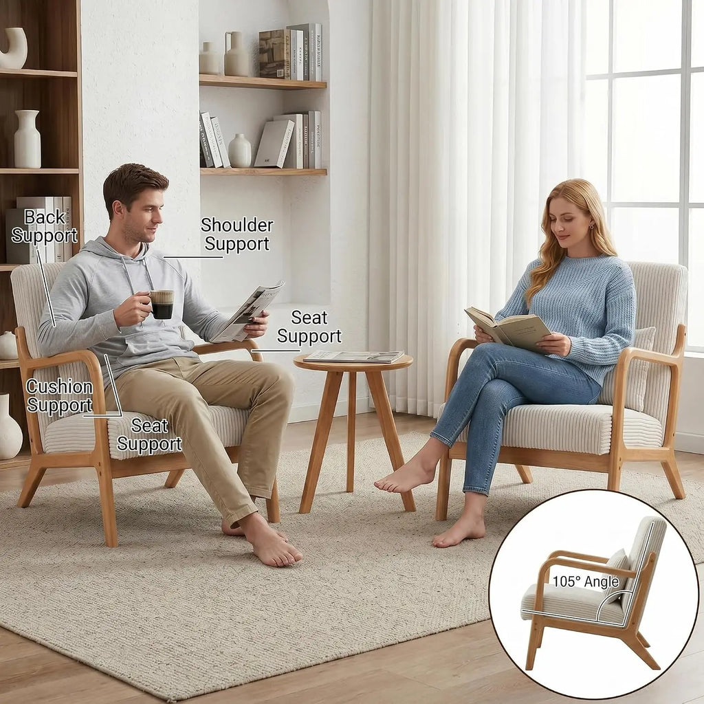 Mid Century Modern Upholstered Fabric Accent Armchairs Set of 2 with Lumbar Pillows & Solid Rubberwood Frame, Customized