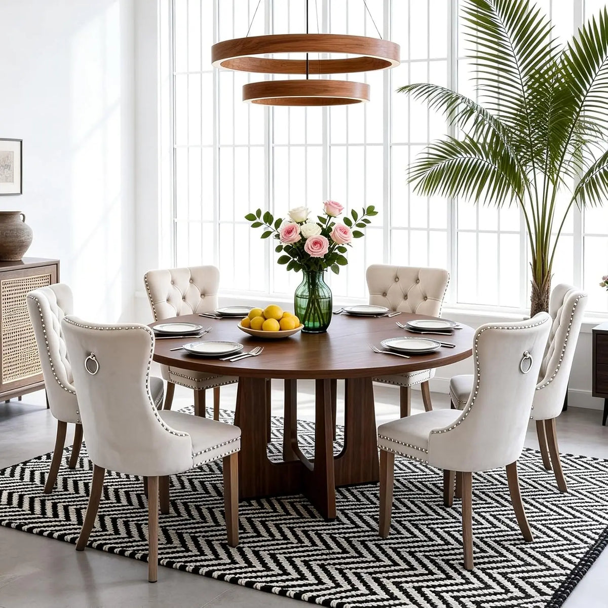 7-Piece Round Dining Table Set for 6, 47" Black Farmhouse Kitchen Table with 6 Gray Velvet Tufted Chairs, Modern Circle, Custom