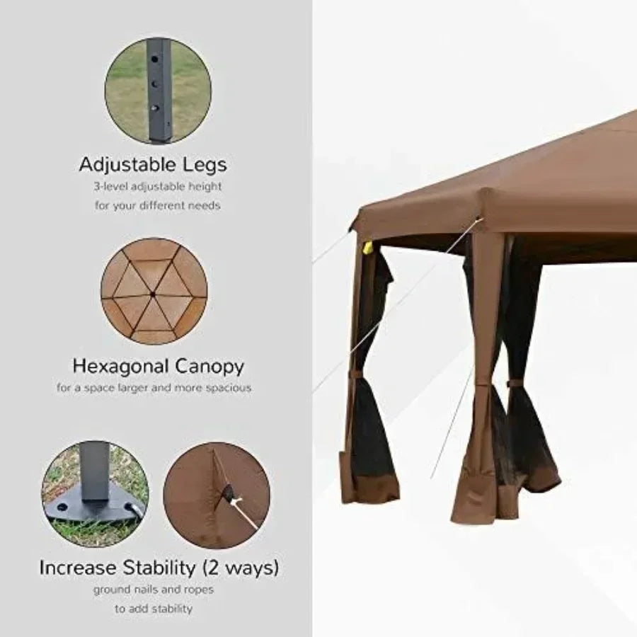 13' x 11' Hexagonal Pop Up Gazebo Heavy Duty Outdoor  Tent with 6 Mesh Sidewall Netting 3-Level Adjustable Height and Strong St