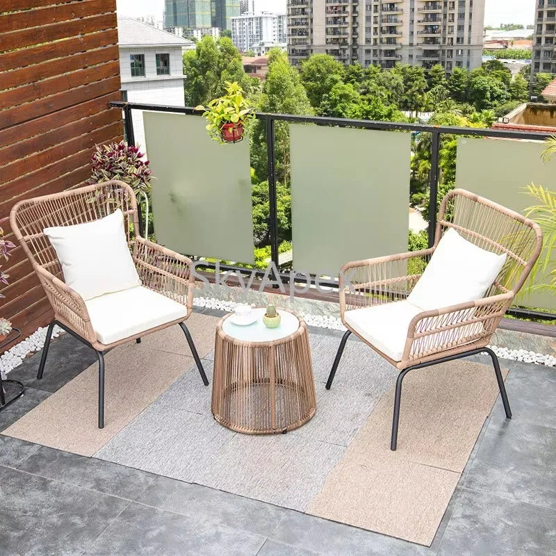 Modern 3-Piece 2-Seater Comfortable Metal Frame Rattan Wicker Chair and Table Set  For Outdoor Balcony Courtyard Apartment Patio