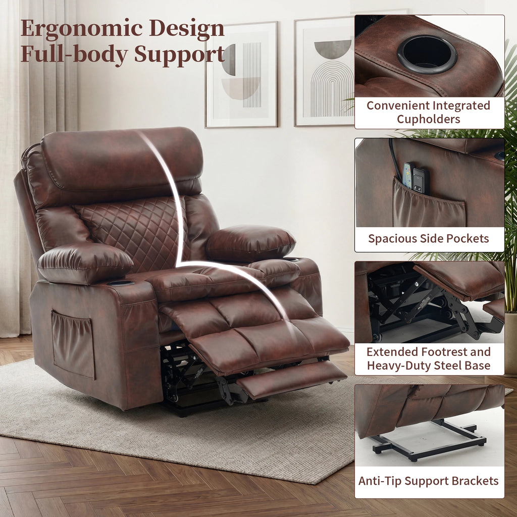 Redlife Oversized Dual Motor Power Lift Recliner for Elderly | Zero Gravity 25.6" Wide Seat, Massage ＆ Heat, Adjustable Headrest & Hidden Storage, Leathaire