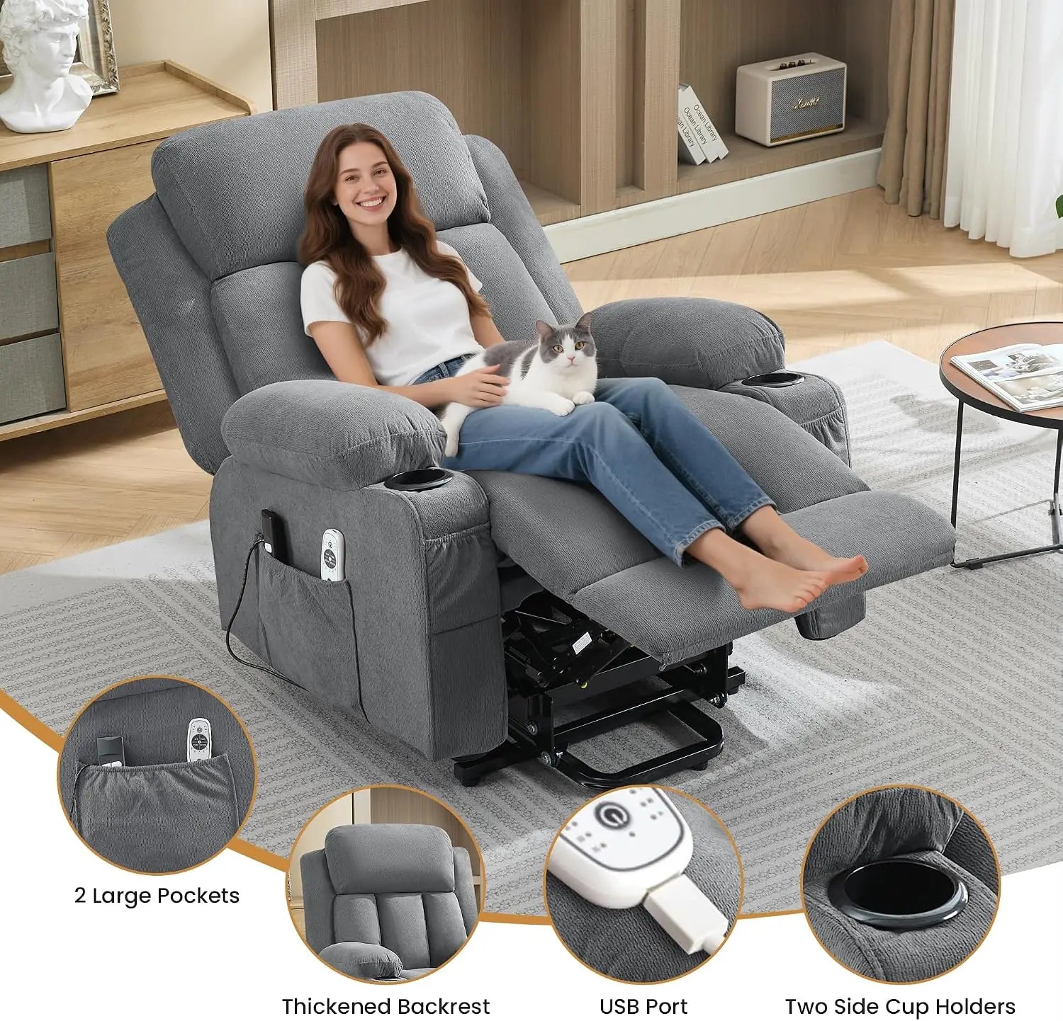 Power Lift Recliner Chair for Elderly with Vibration Massage and Lumbar Heating Electric Oversized Single Sofa with Cup Holder