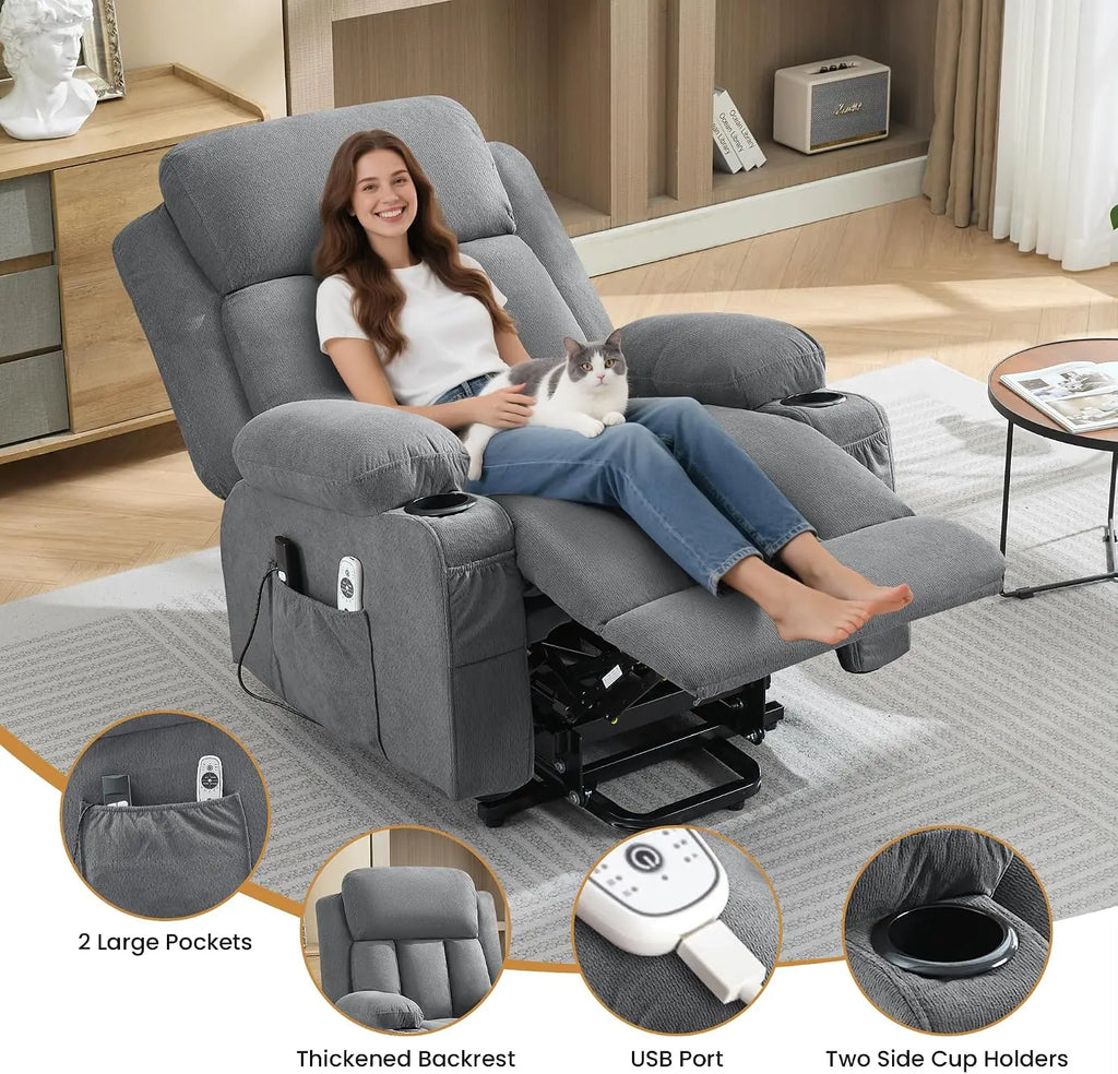 Power Lift Recliner Chair for Elderly with Vibration Massage and Lumbar Heating Electric Oversized Single Sofa with Cup Holder