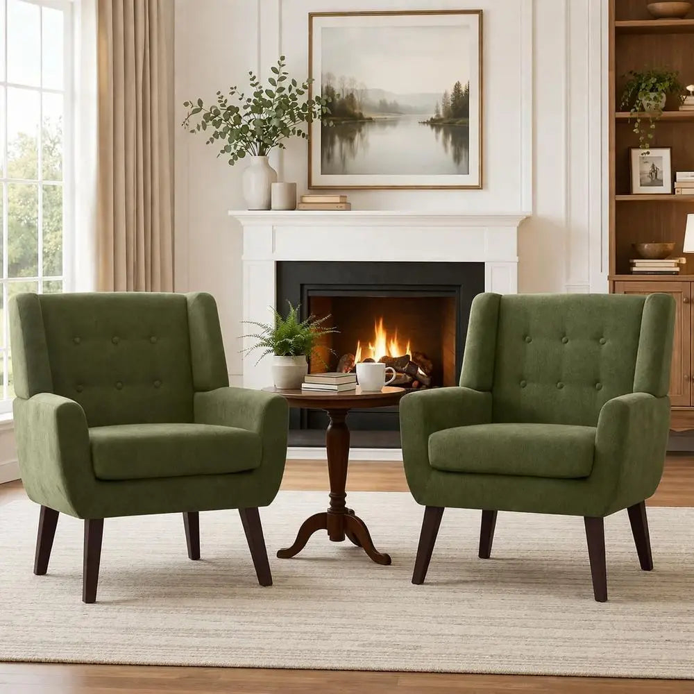 Living Room Accent Chair Set o 2, Upholstered Button Tuted Armchair with Wooden Legs, abric Soa Chairs or Bedroom, Living Room,