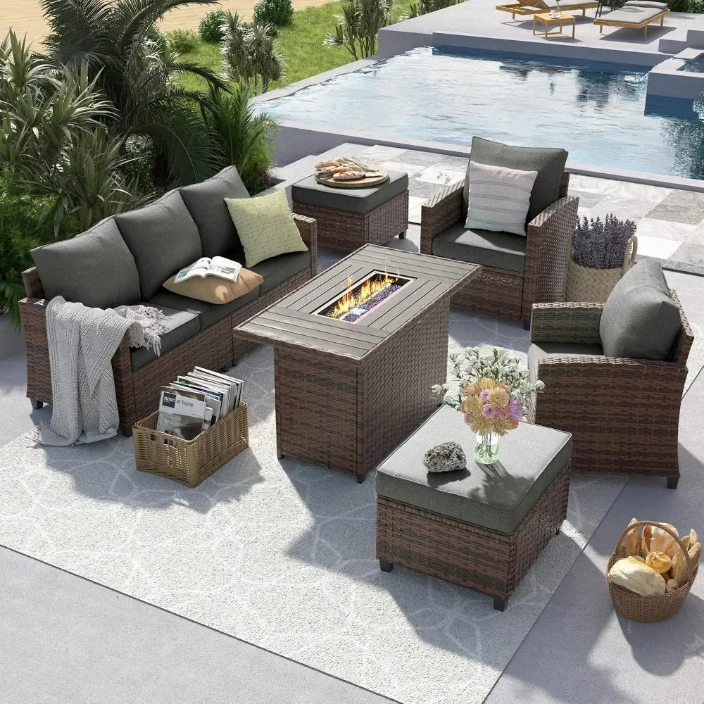 US Shipping Outdoor Patio Furniture Set with Fire Pit Table 6 Piece Sectional Conversation Set All Weather Wicker Rattan Sofa