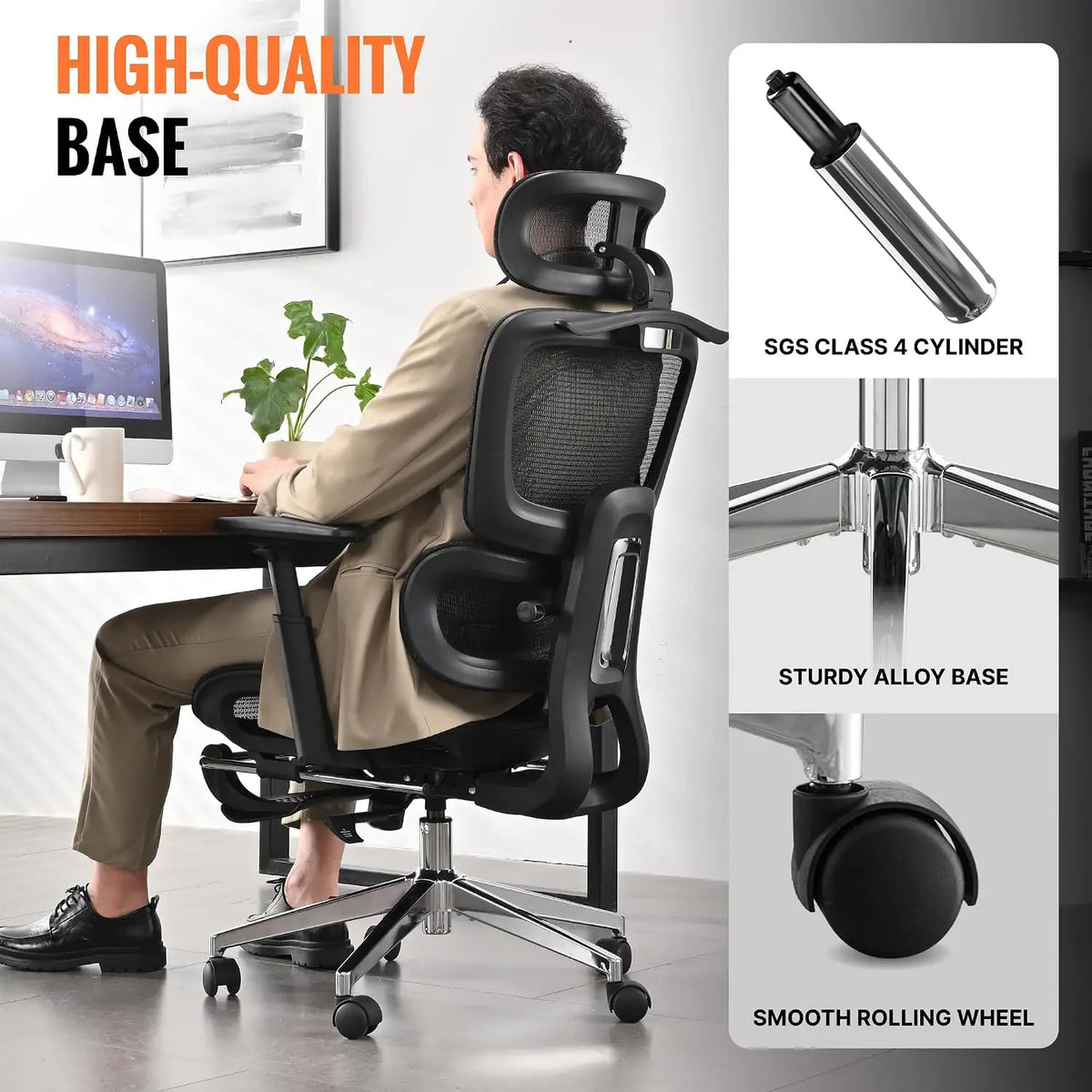 Ergonomic Office Chair, Home Mesh Desk Computer Chair, Comfortable Gaming Chair with Footrest, Wheels, Adjustable 2D Headrest, L