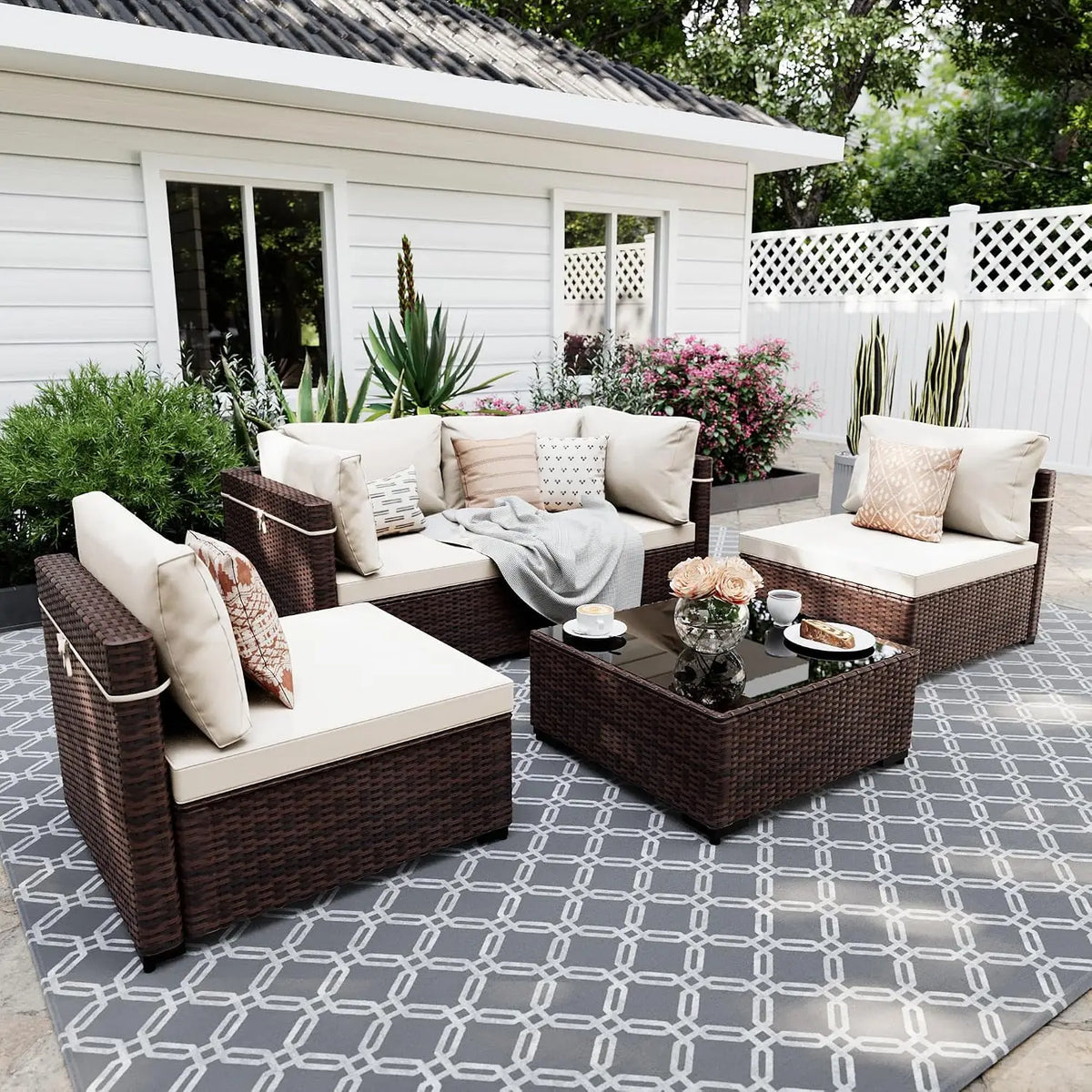 5-Piece Wicker Patio Sofa Set with Coffee Table for Outdoor Garden Balcony, Custom