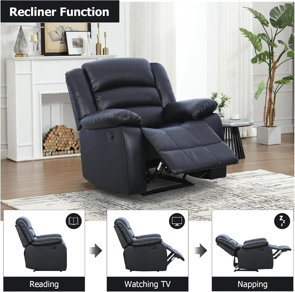 Classic Manual Recliner Chair, Faux Leather Recliner Sofa with Overstuffed Arms and Back Single Reclining Couch for Living