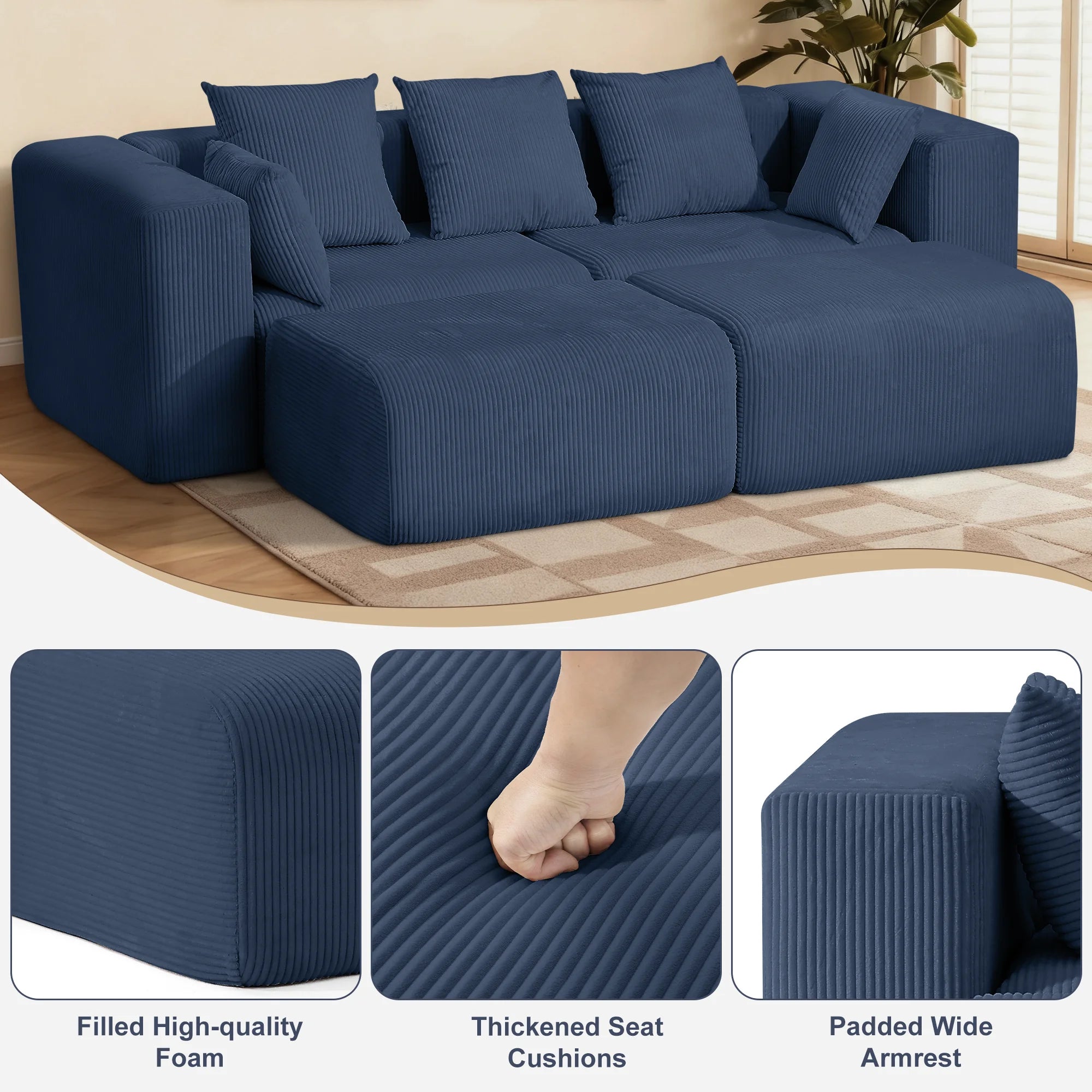 117" Corduroy Boneless Couches, Modular Sectional Sofa, Loveseat Comfy Cloud-Like Couches with 3 Pillows, Deep Seat for Living Room, Compact for Small Spaces