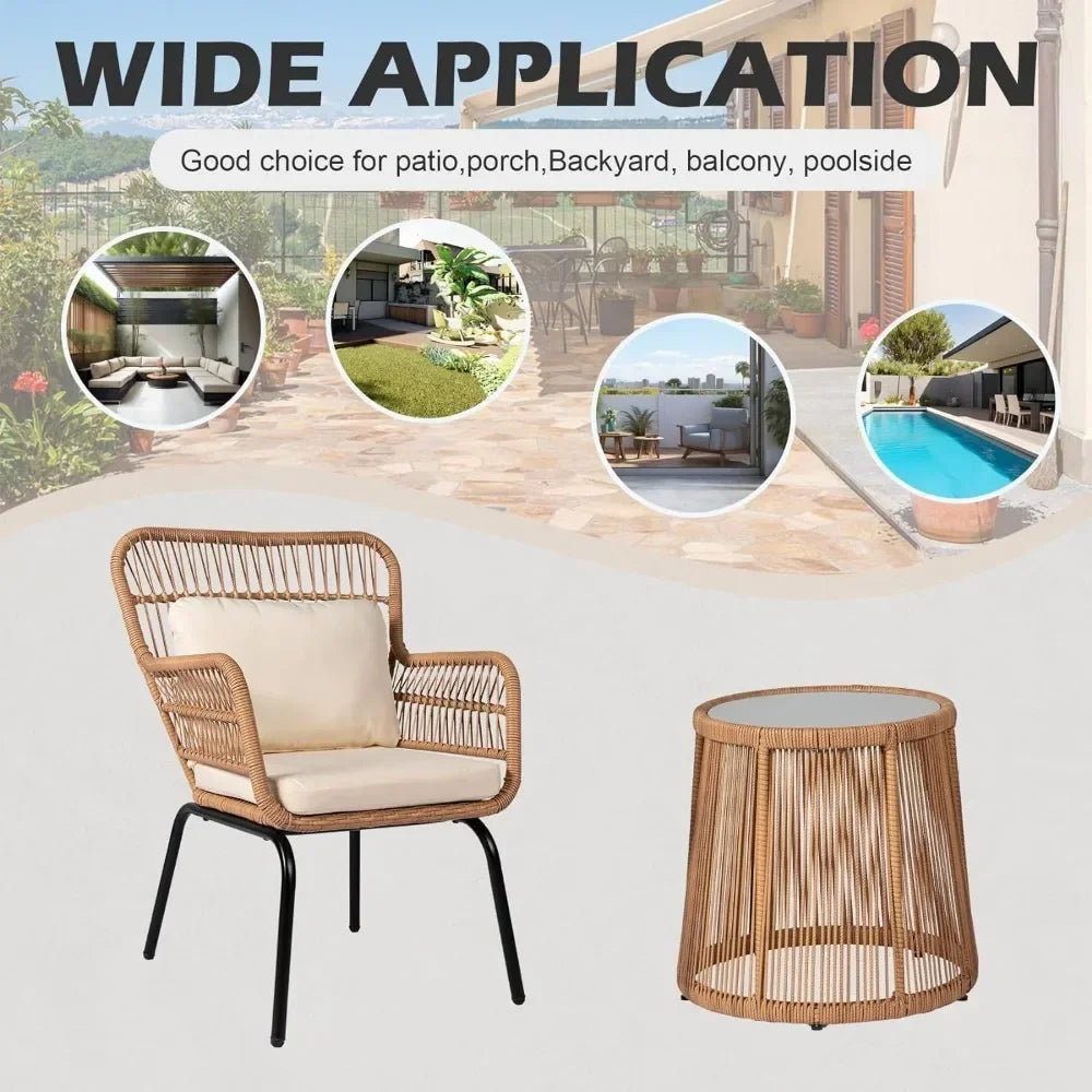 3 Piece Outdoor Wicker Furniture Bistro Set, Rattan Chairs Conversation Porch