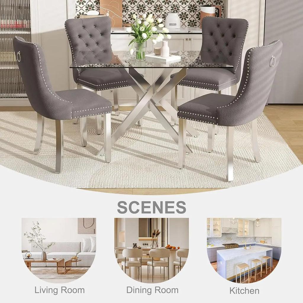 51" Glass Dining Table Set for 4, Grey | Tempered Glass Top, Silver Metal Legs, Velvet Chairs, Modern Dining Room Set, Custom