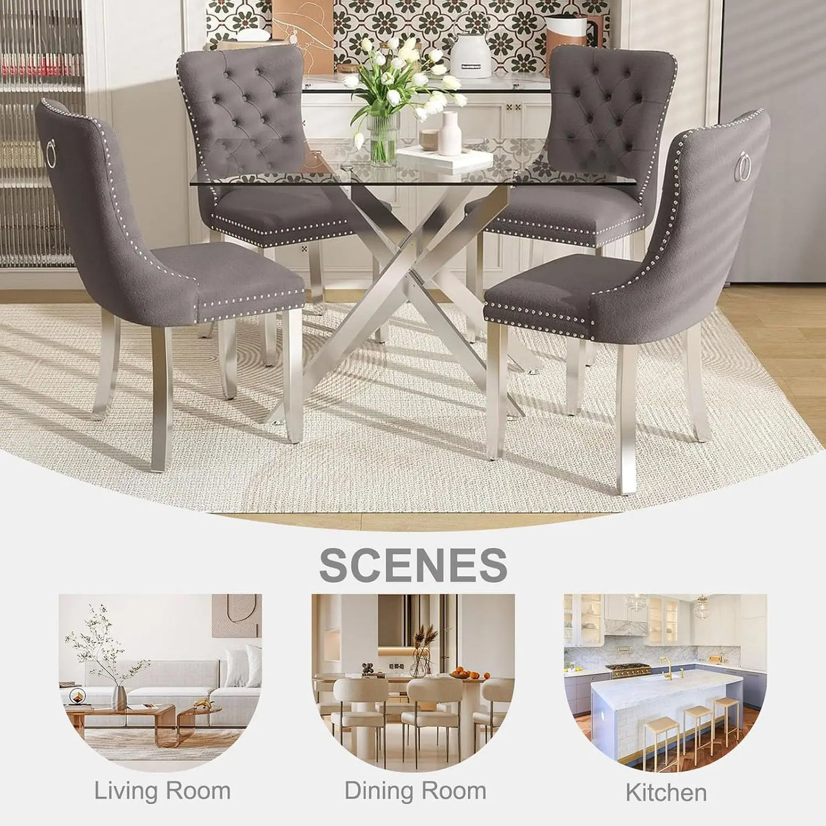 51" Glass Dining Table Set for 4, Grey | Tempered Glass Top, Silver Metal Legs, Velvet Chairs, Modern Dining Room Set, Custom