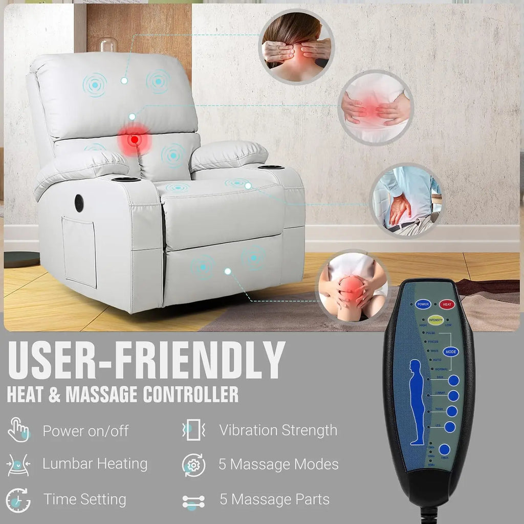 Rocking Recliner Chair, Massage Rocker Recliner Chair with Vibration Massage and Heat, USB and Type-C Ports,360° Swivel Faux Lea