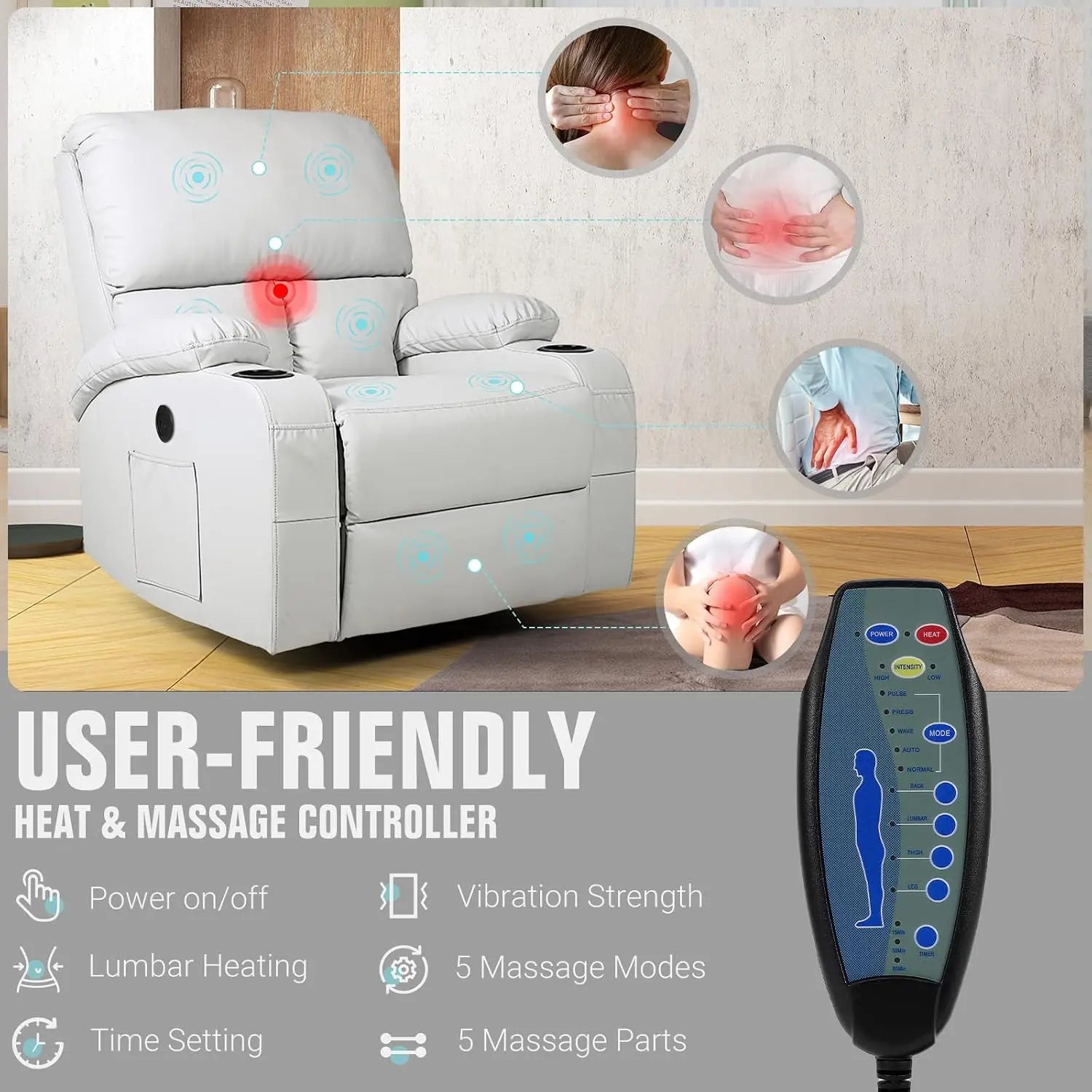 Rocking Recliner Chair, Massage Rocker Recliner Chair with Vibration Massage and Heat, USB and Type-C Ports,360° Swivel Faux Lea