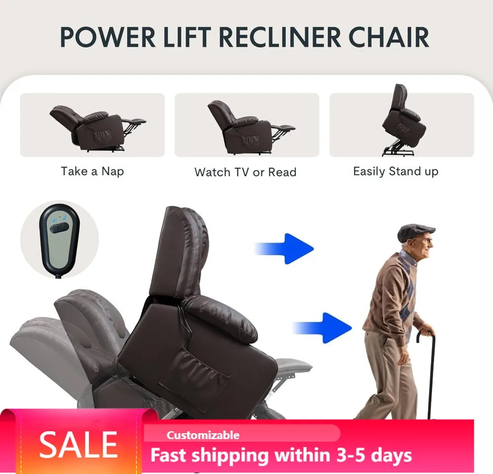 Electric Lift Recliner Chair with Massage & Heat for Elderly, PU Leather Sofa Cup Holders