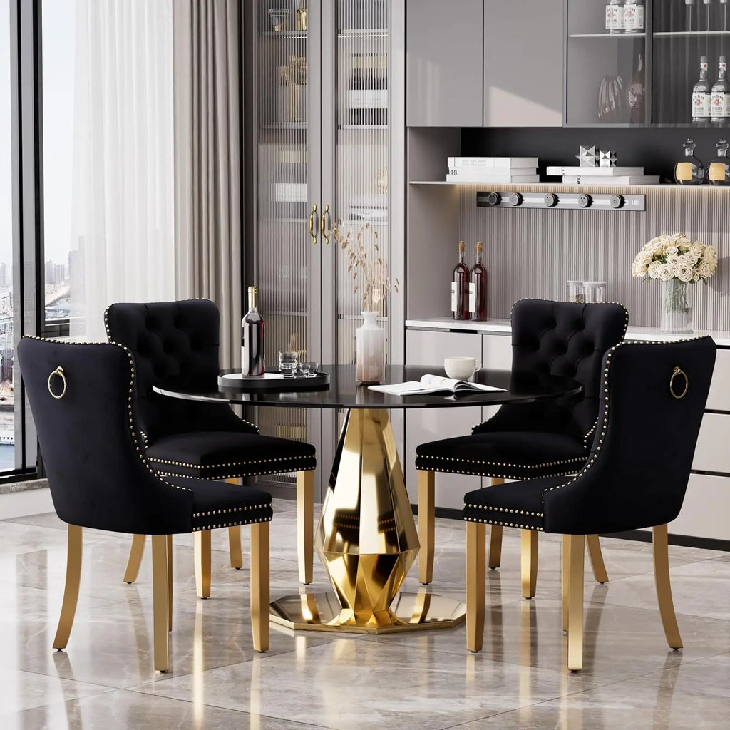 Round Dining Table 47" Black Glass Top Steel Base Modern Luxury Kitchen Dinner Table for 4-6 Home Living Room, Customized
