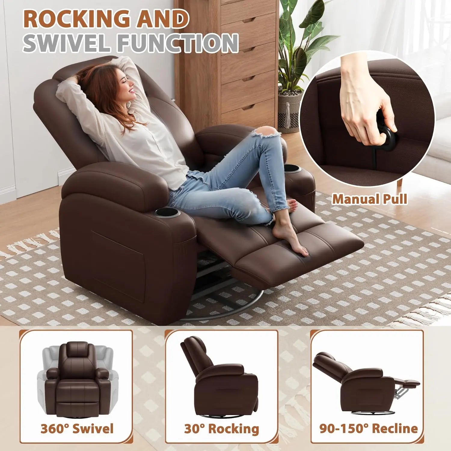 #Swivel Rocker Recliner Chair Vibration Massage 360° Ergonomic Lounge Cup Holders Leather Brown, Customized