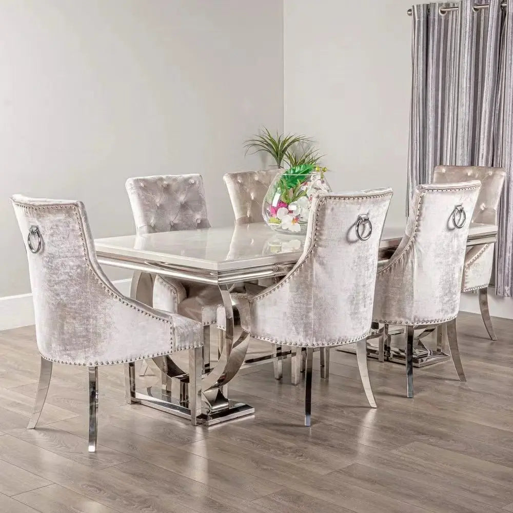 Modern Living Room Furniture Stainless Steel Dining Tables and Chairs Set Marble Stainless Steel  Dining Table