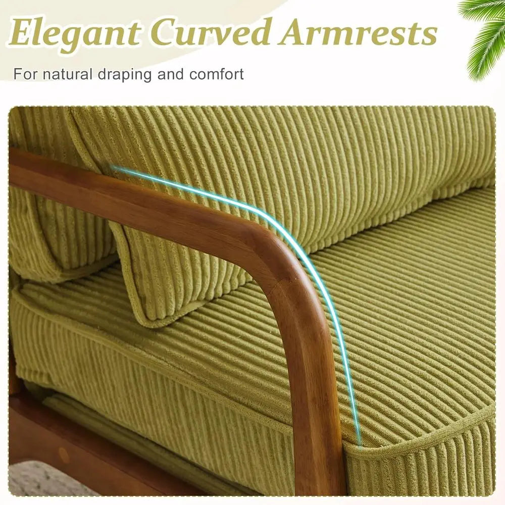 Upholstered Corduroy Accent Chair, Solid Wood, Comfortable Reading Chair with Pillow, Suitable for Living Room, Bedroom, Green