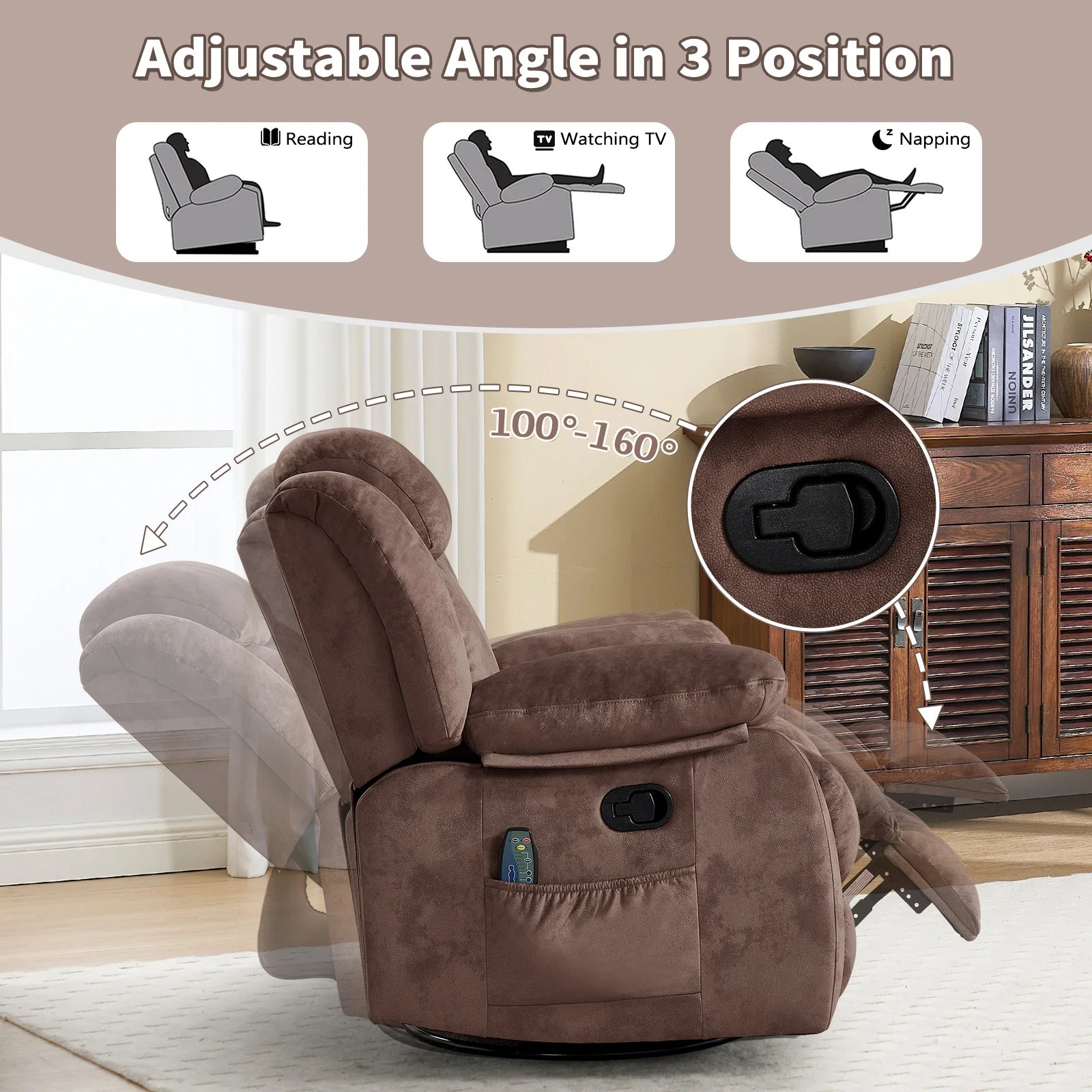 Massage Rocker Recliner with Heat and Vibration, 360 Degree Swivel Manual Antiskid Fabric Single Sofa Heavy Duty Reclining Chair for Living Room