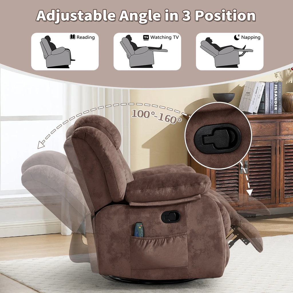 Massage Rocker Recliner with Heat and Vibration, 360 Degree Swivel Manual Antiskid Fabric Single Sofa Heavy Duty Reclining Chair for Living Room