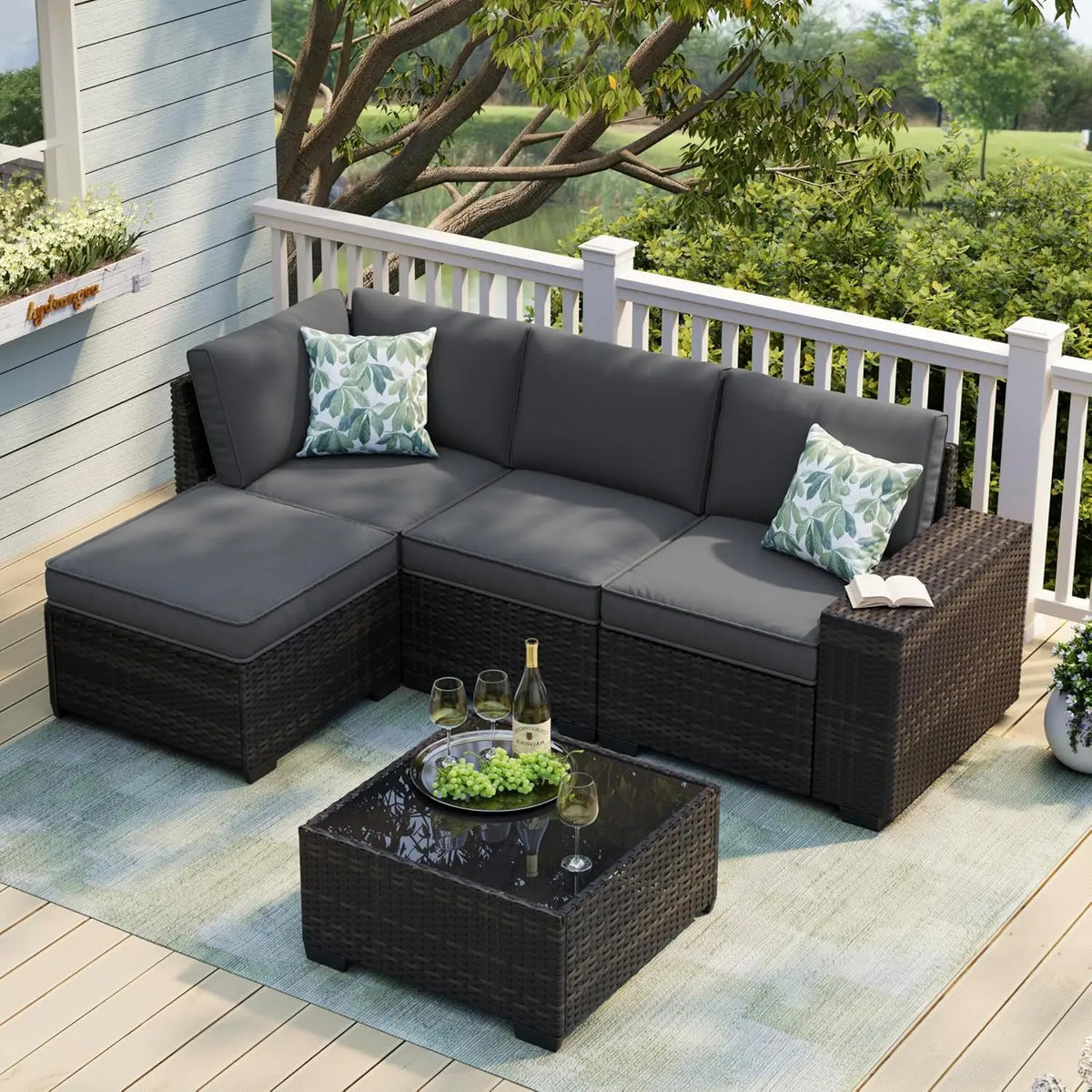 5Pcs Rattan L Shaped Patio Furniture Set,Outdoor Sofa With Waterproof Cushions&Coffee Table For Garden, Custom
