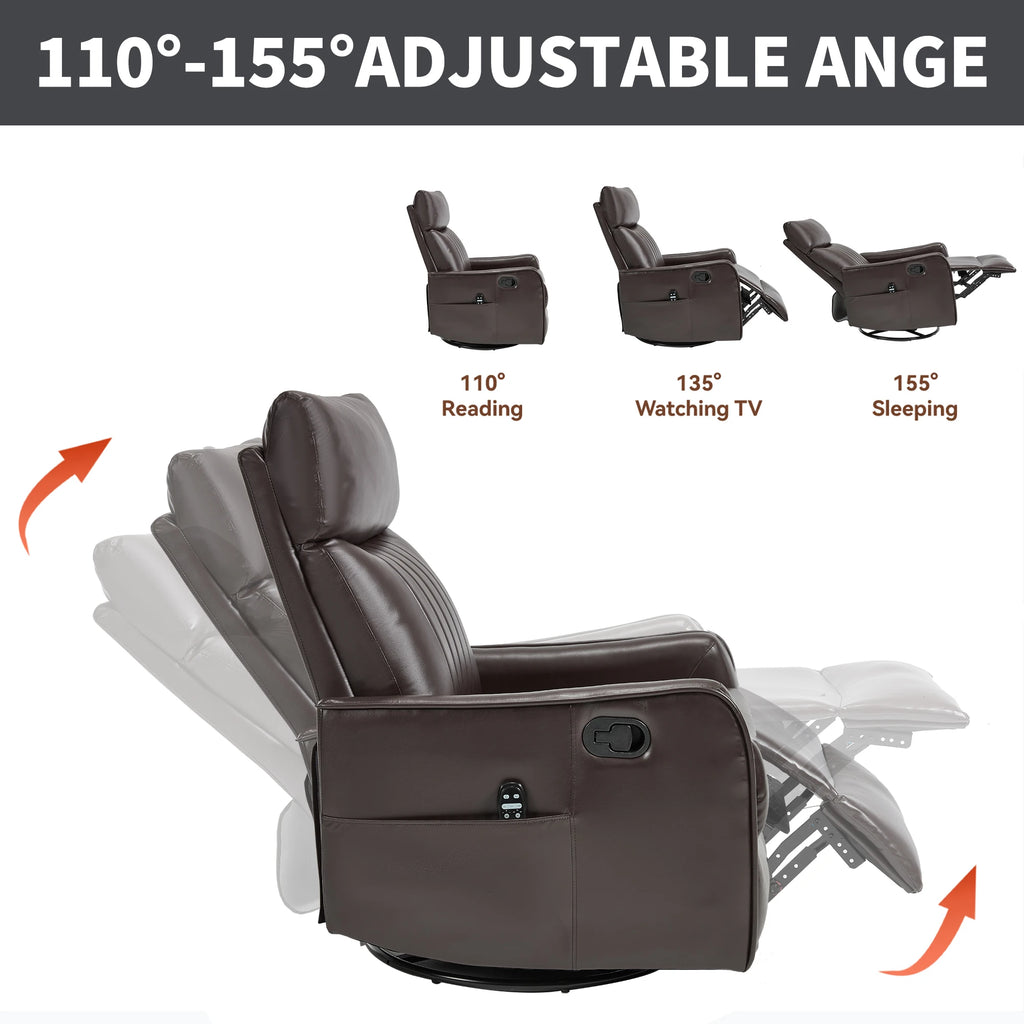 Manual Recliner Chair with Heat & Massage, Brown Faux Leather Rocker Swivel Accent Chair for Living Room