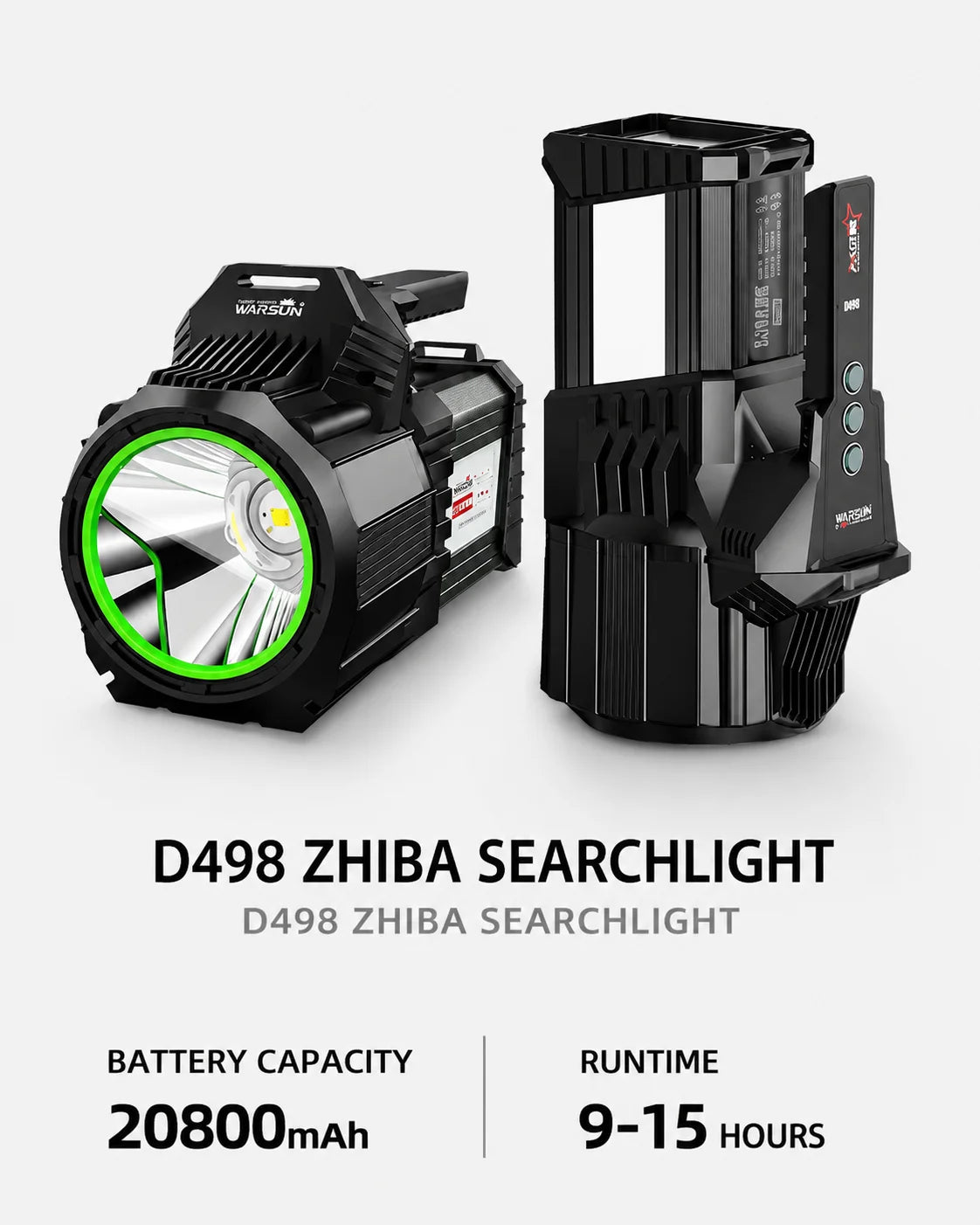 WARSUN D498 Rechargeable Handheld Searchlight, Powerful Long-Range LED Flashlight with Large-Capacity Battery and Long Runtime