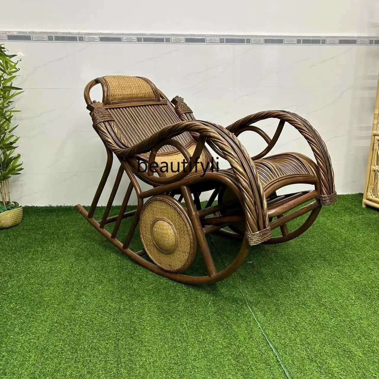 E153 Natural Real Rattan Elderly Nap Home Lazy Rocking Chair Adult Balcony Leisure Recliner