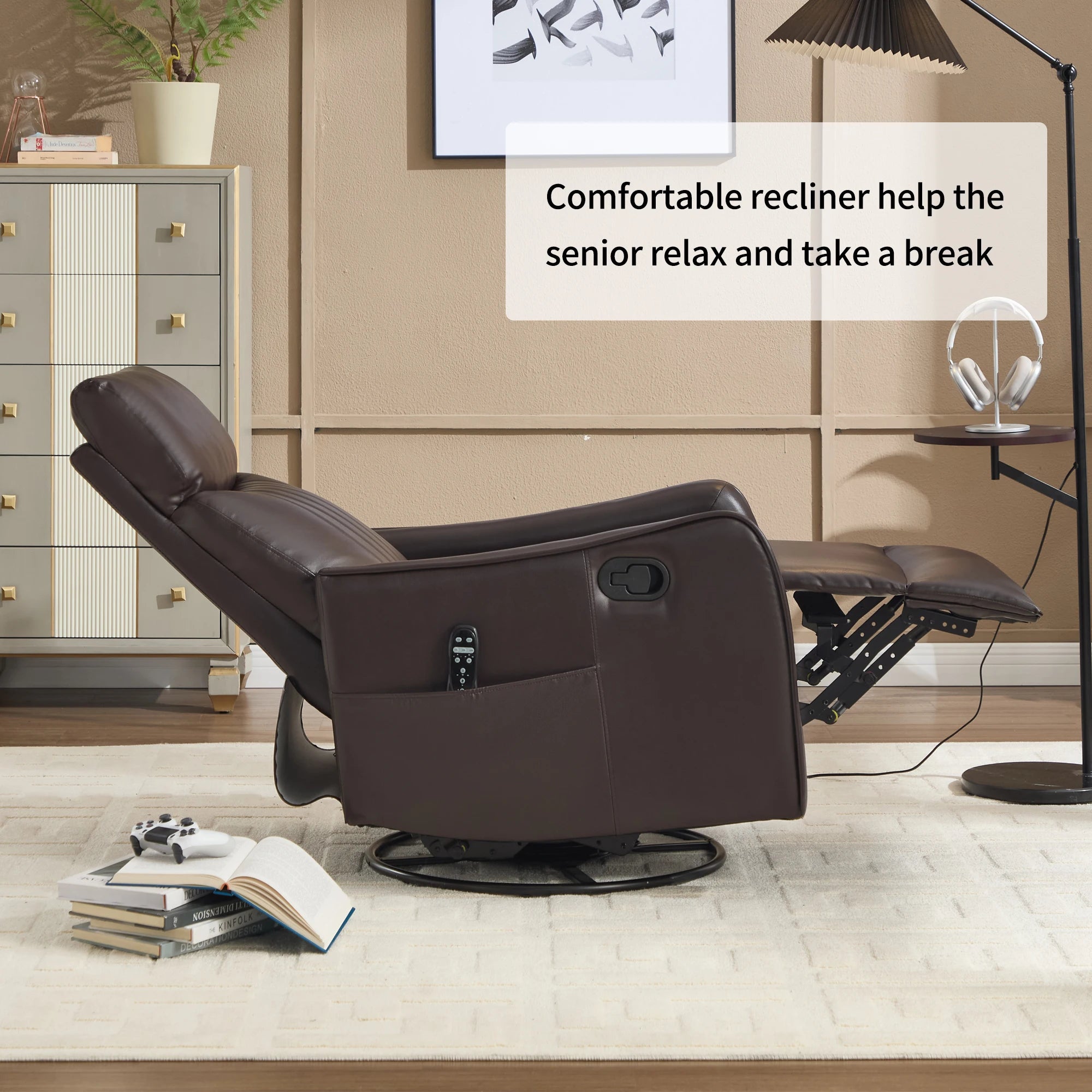 Manual Recliner Chair with Heat & Massage, Brown Faux Leather Rocker Swivel Accent Chair for Living Room