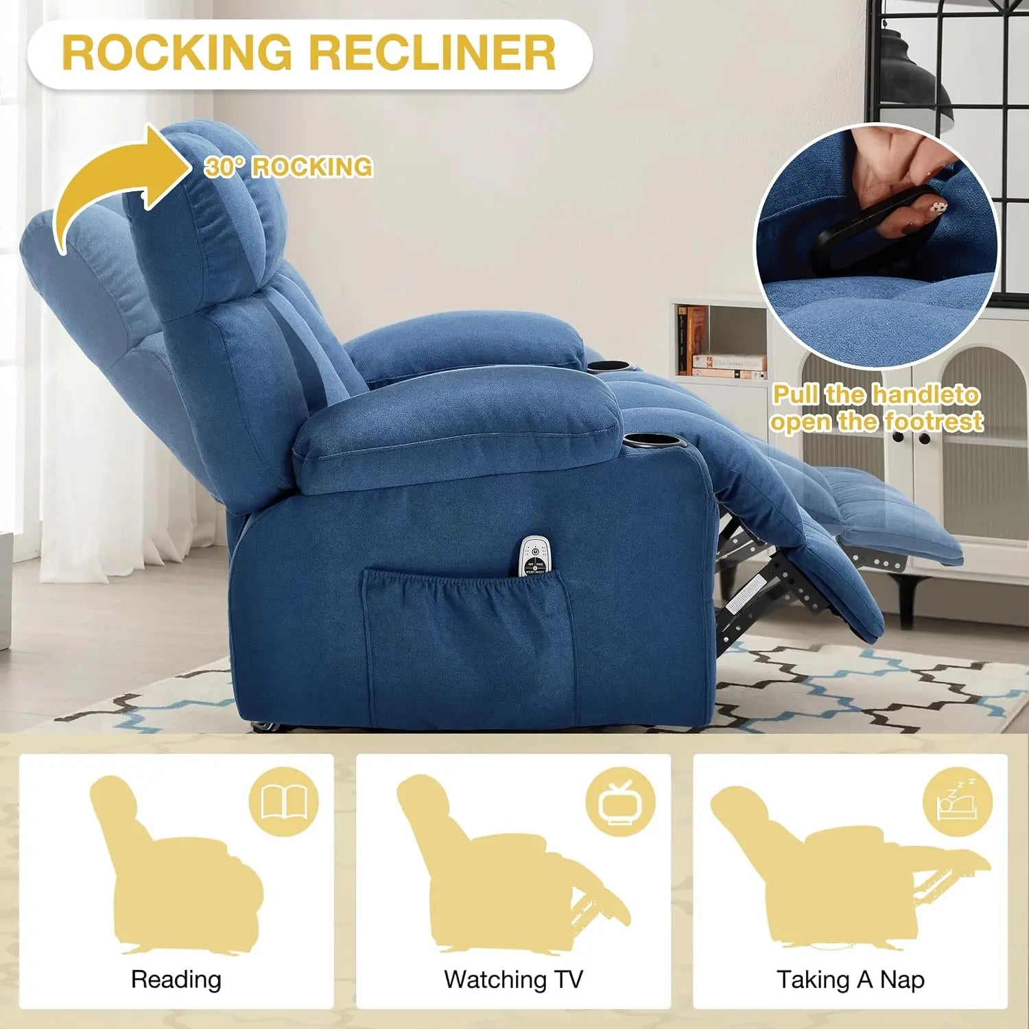 Massage Recliner Chair, Overstuffed Rocker Lazy Boy Chairs with Vibration&Gently Heat,Fabric Ergonomic Manual Nursery, Custom