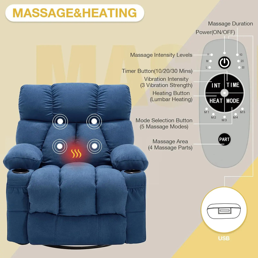 Massage Recliner Chair, Overstuffed Rocker Lazy Boy Chairs with Vibration&Gently Heat,Fabric Ergonomic Manual Nursery, Custom