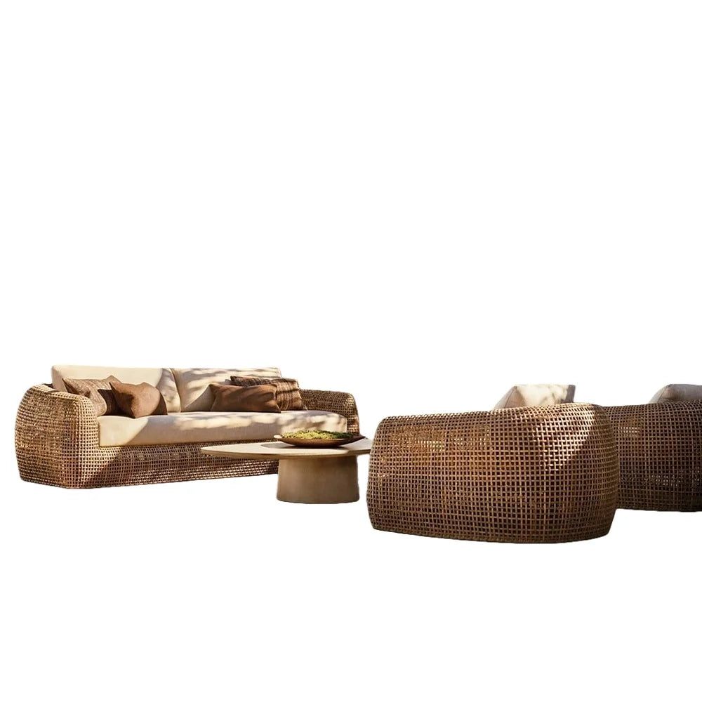 Modern Stylish PE Rattan Sofa Natural Wood Finish High-End Outdoor Patio Furniture Sets for Hotels Villas