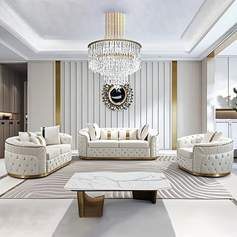 #Factory Outlet European Luxury Rose Gold Leg White Sectional Sofa Genuine Leather Modern Modular Button Tufted LivingRoom Couch