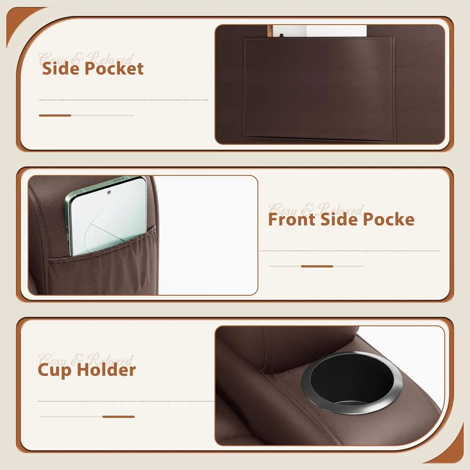 #Swivel Rocker Recliner Chair Vibration Massage 360° Ergonomic Lounge Cup Holders Leather Brown, Customized
