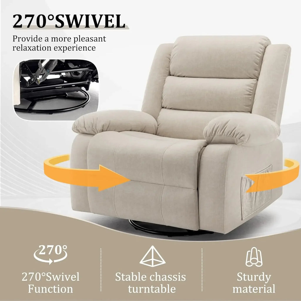Power Recliner Chair with Massage Heat 270° Swivel USB Port Oversized Wide Seat Beige