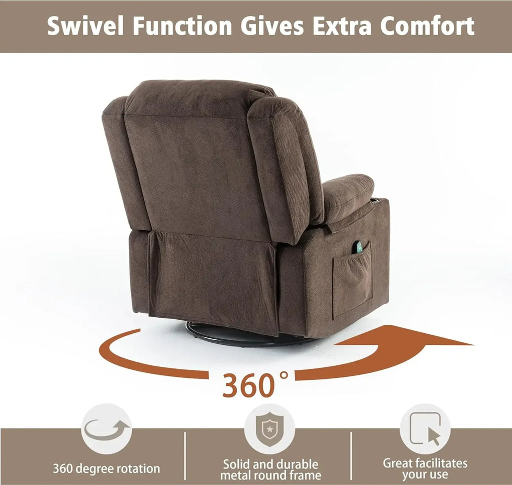 Swivel Recliner Chair with Massage Heat, Rocking Glider, Overstuffed Fabric Living Room Sofa