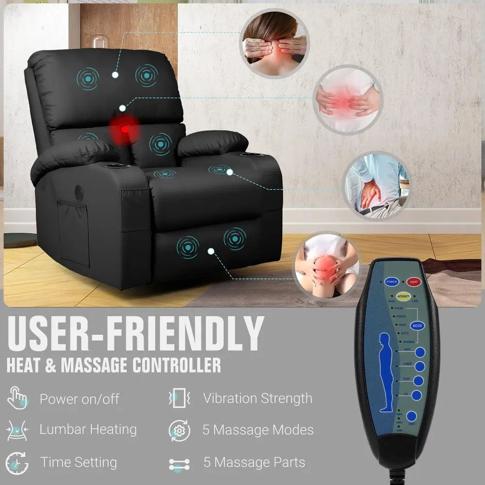 Rocking Recliner Chair, Massage Rocker Recliner Chair with Vibration Massage and Heat, USB and TypeC Ports,360 Swivel Faux Leat