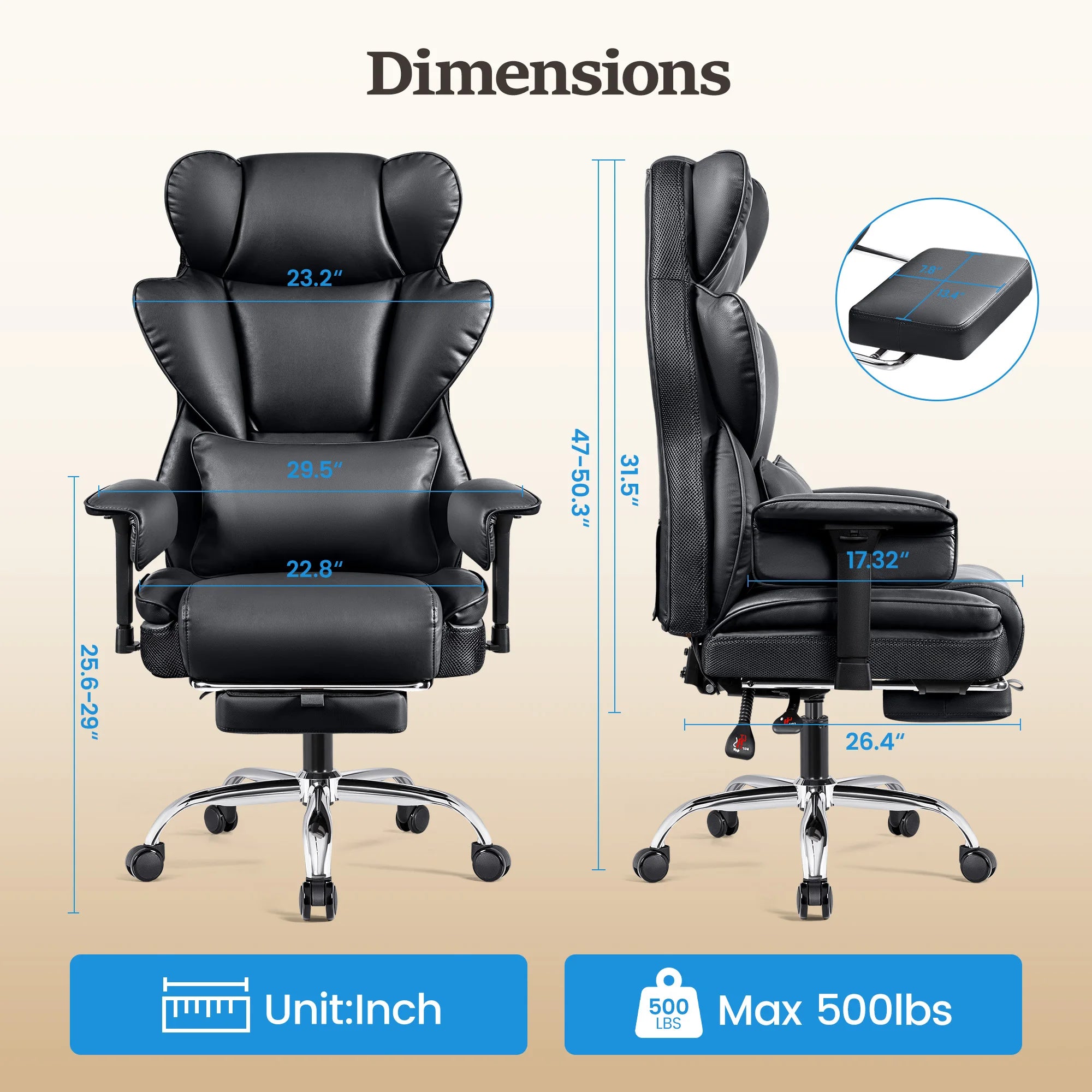 KERDOM Big and Tall Gaming Chair 500lbs Wide Seat and Footrest, Ergonomic Chair with Pocket Spring Cushion and Armrest, Metal Base & Quiet Rubber Wheels, Leather Office Chair with Adjustment Headrest and Lumbar Support for Lo